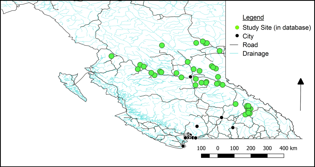 Map of the 49 Burning Questions study sites across the North and Central Interior of British Columbia